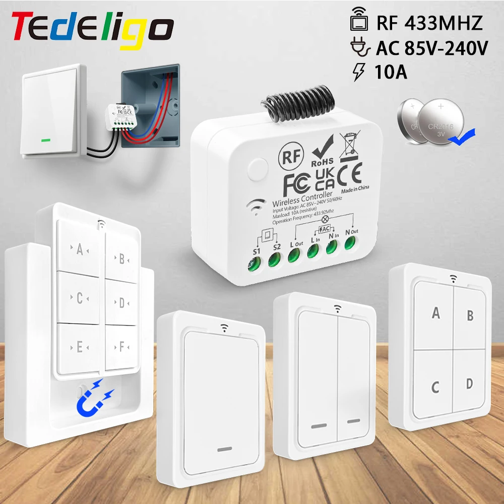 

433Mhz Wireless Remote Control Light Switch 220V 110V 10A 2-Way Control Module with 1/2/3/4/6gang Wall Panel Switch for LED Lamp