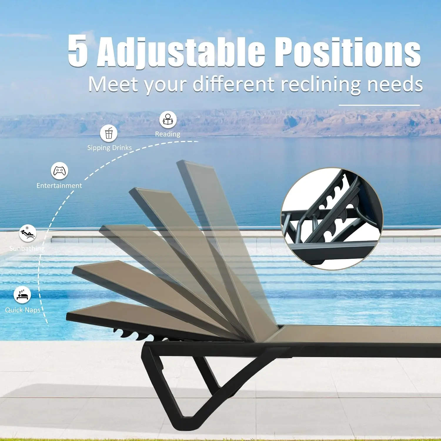Aluminum Patio Chaise Lounge with Side Table, 5-Position Adjustable Backrest & Wheels, All Weather Outdoor Lounge, Customized