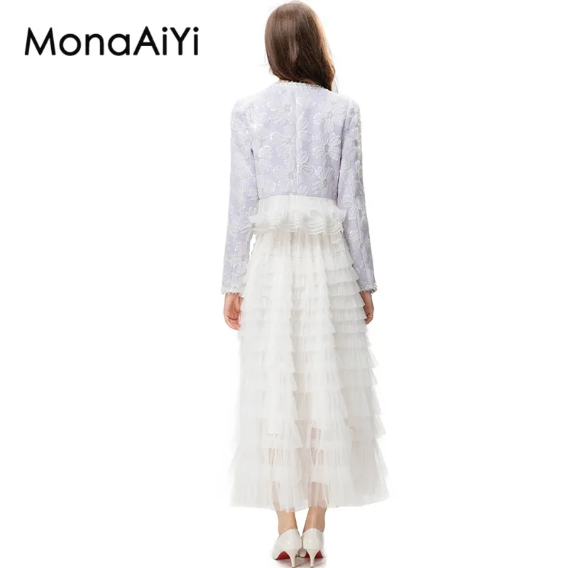 MonaAiYi High Street Fashion Suit Designer Women's V-Neck Embroider Sequin Ruffle Purple Tops+Beaded Tiered Long Skirt 2pcs Set