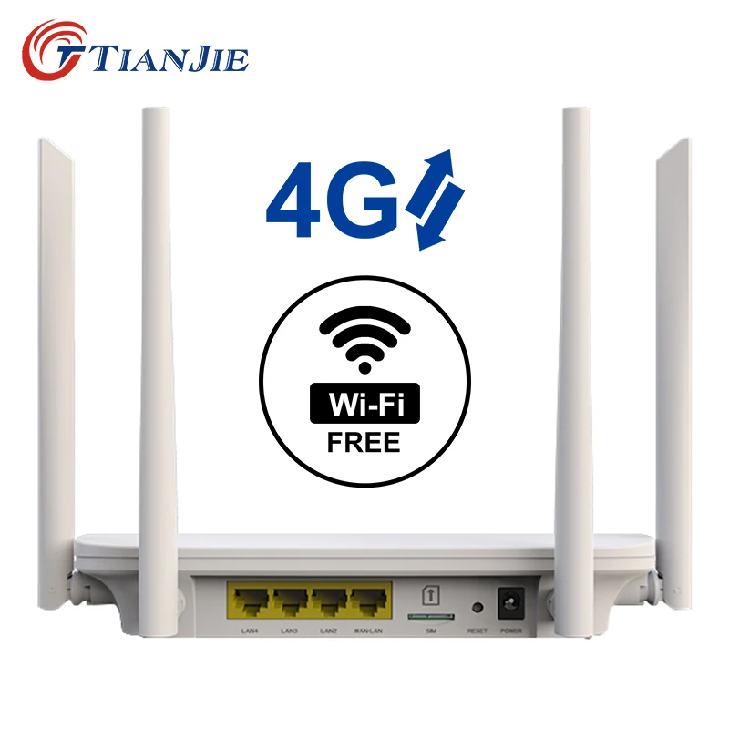 Tianjie 4G LTE router wifi modem 4 RJ45 port high-speed four external antennas 5dBi and SIM card slot plug and play.