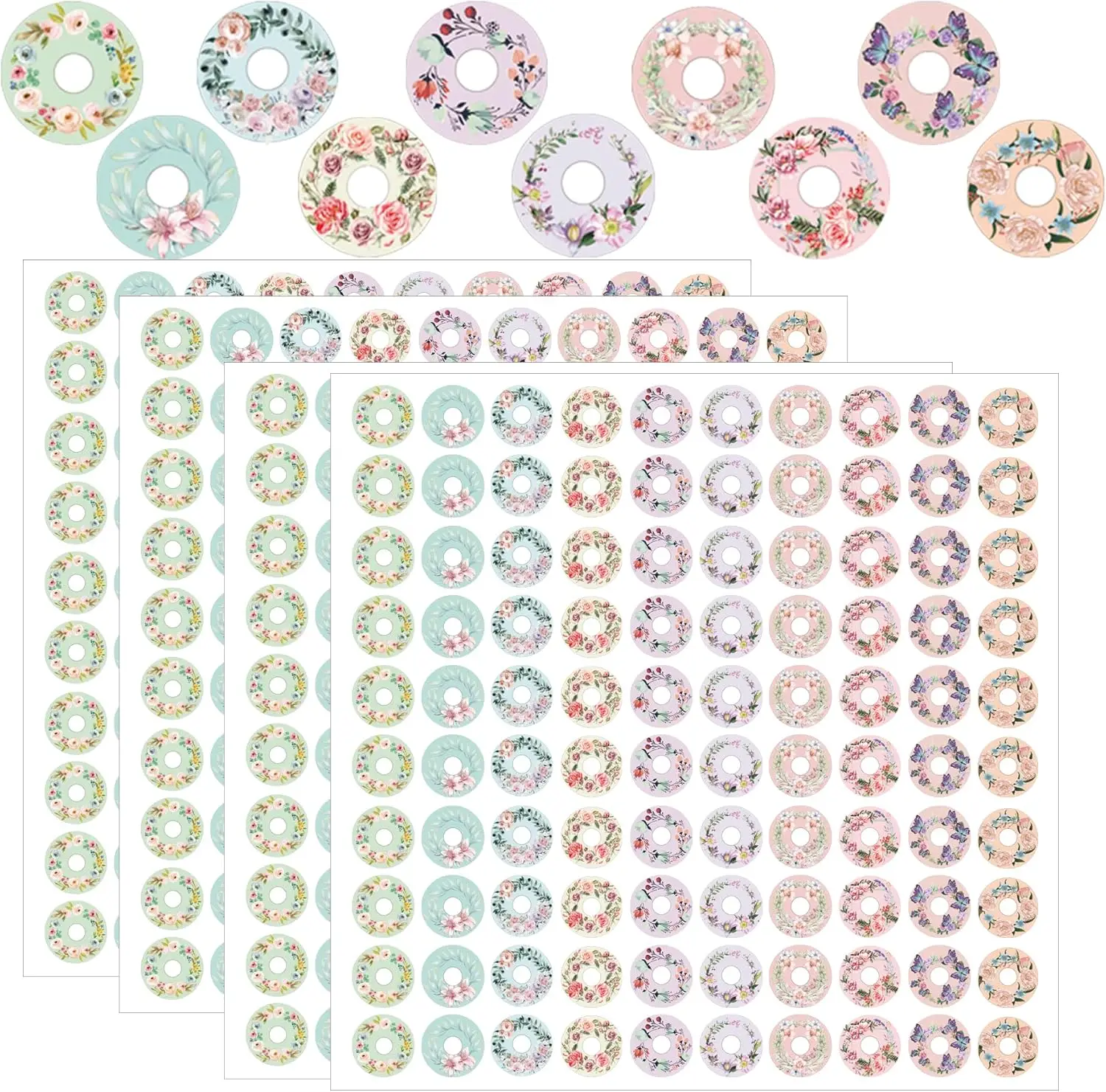 2000 Pcs Hole Label Loose-Leaf Paper Hole Reinforcement Stickers 0.25 inch Assorted Color Wreath Designs Binder Hole Reinforceme