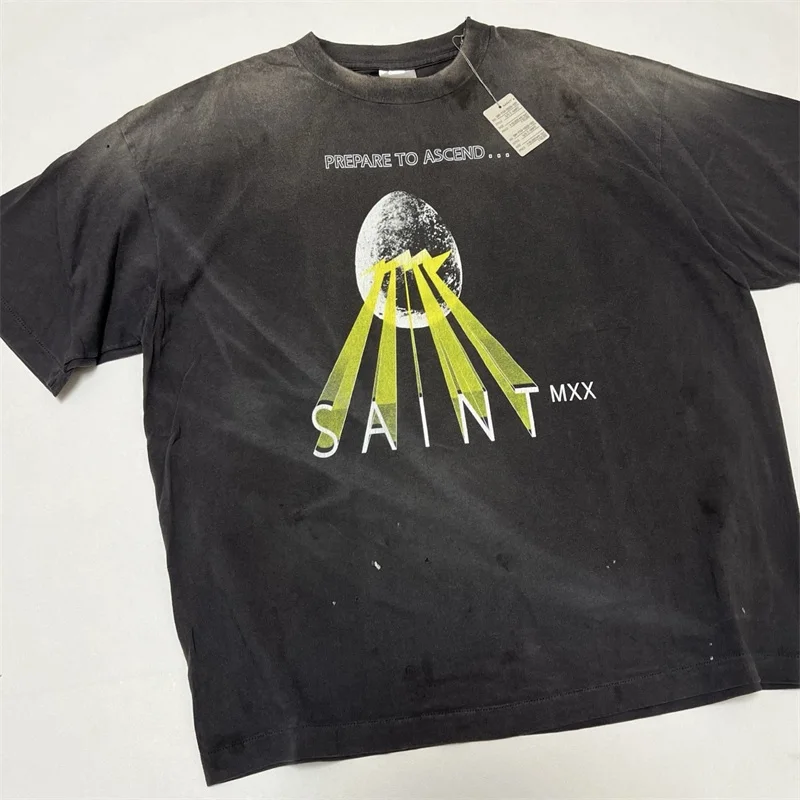 Black Washed SAINT MICHAEL T-Shirts Men Women 1:1 Best Quality Egg SAINT Logo Projection Print Casual T-Shirts