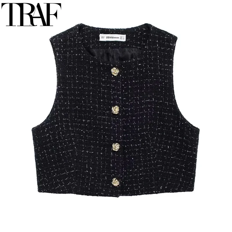 TRAF Women\'s Vests Plaid Cropped Vests For Women Sleeveless Black Vest Woman Outerwears Autumn Texture Short Elegant Coats