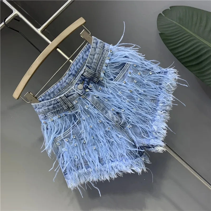 Spring And Aummer New Fringed Diamond-Encrusted Washed Light Blue Denim Shorts Fashionable High Waist Denim Breathable Shorts