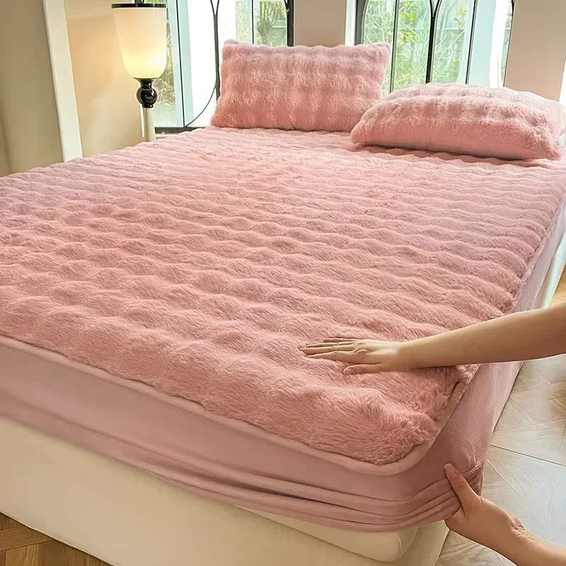 Fluffy Plush Fitted Bed Sheet Solid Color Long Hair Fleece Bed Cover For Double Bed fundas de colchón Winter Warm Mattress Cover