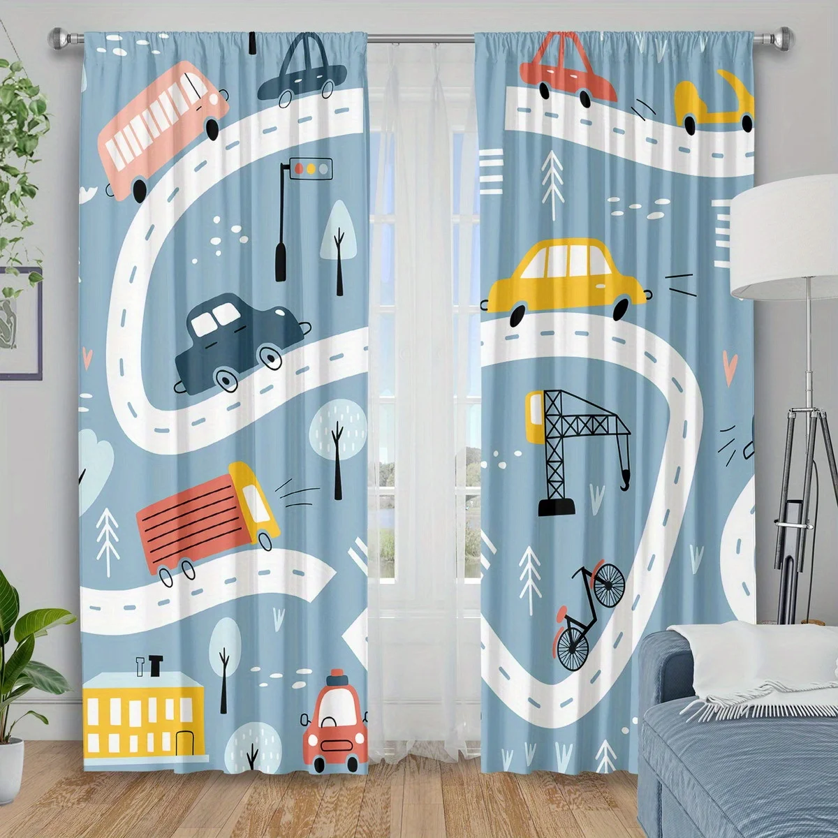 Soft Blue Kids Vehicle Theme Curtain 2 Panels Multi Type Car Road Building Living Room Curtain Playful Cartoon Retro Home Decor