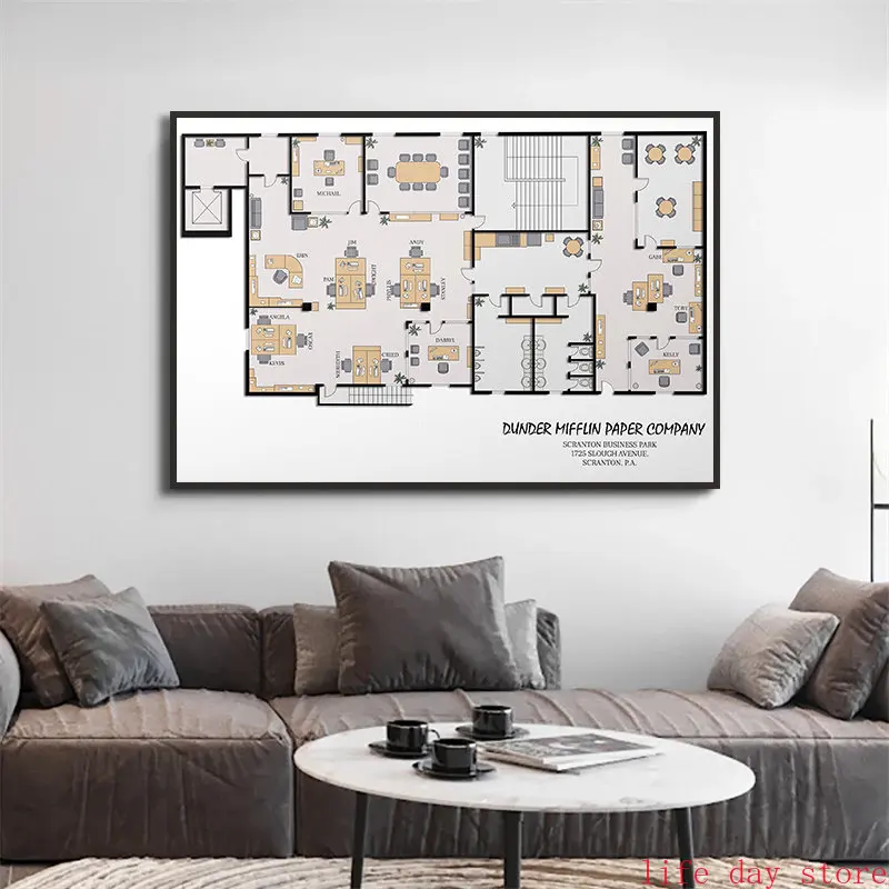 The Office Tv Show Poster Gift Movie Company Chart Dunder Mifflin Floor Plans Painting Canvas Print Wall Art Living Room Decor