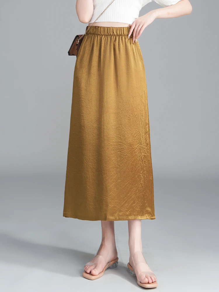 

Acetate Satin Ice Silk Half Skirt Women Summer Thin Long A-Line High Waist Draping Skirt Korean Style Commute Straight Cut