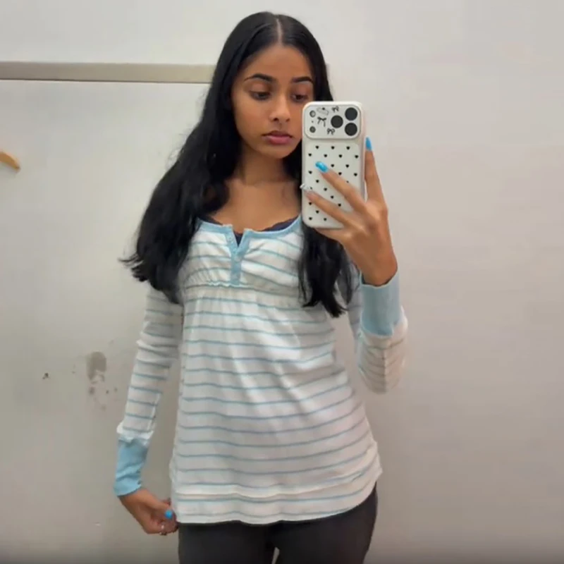 Sweet Striped Top Stylish Cute Chic Classic Slim Long Sleeve Blouse Women Tees Casual Daily Youthful Female Streetwear