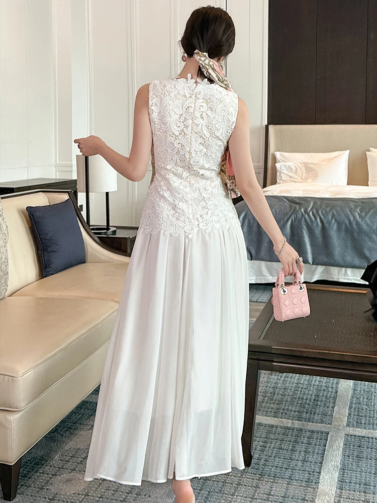 ชุดเดรสยาวสีขาวผ้าชีฟองลูกไม้แขนกุดทรงเข้ารูปสำหรับผู้หญิง สไตล์หรูหรา เหมาะสำหรับงานปาร์ตี้ งานพรอม งานวันเกิด