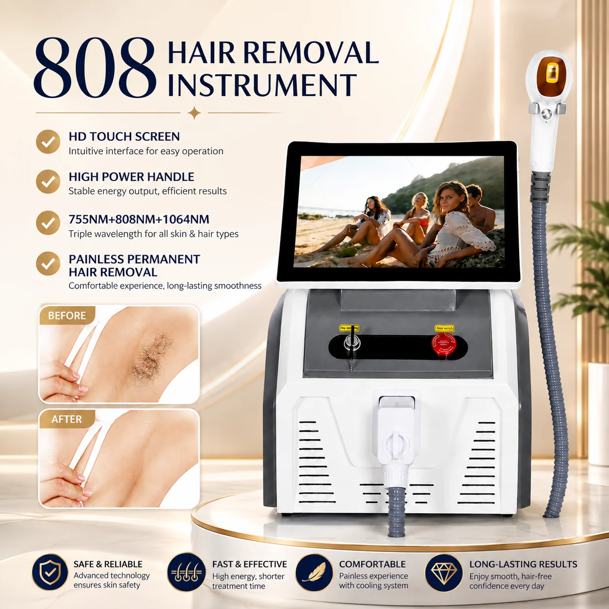 5000W 808nm Diode Laser Hair Removal Machine  3 Wavelength Ice Platinum Permanent Painless Cooling Head Epilato