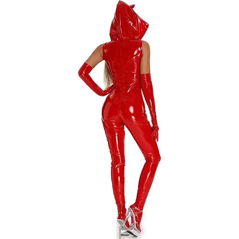 Sexy Sleeveless Faux Latex Jumpsuits Women Funny Devil Hoodie Patent Leather Rompers PVC Nightclub Dance Pole Costume New Custom