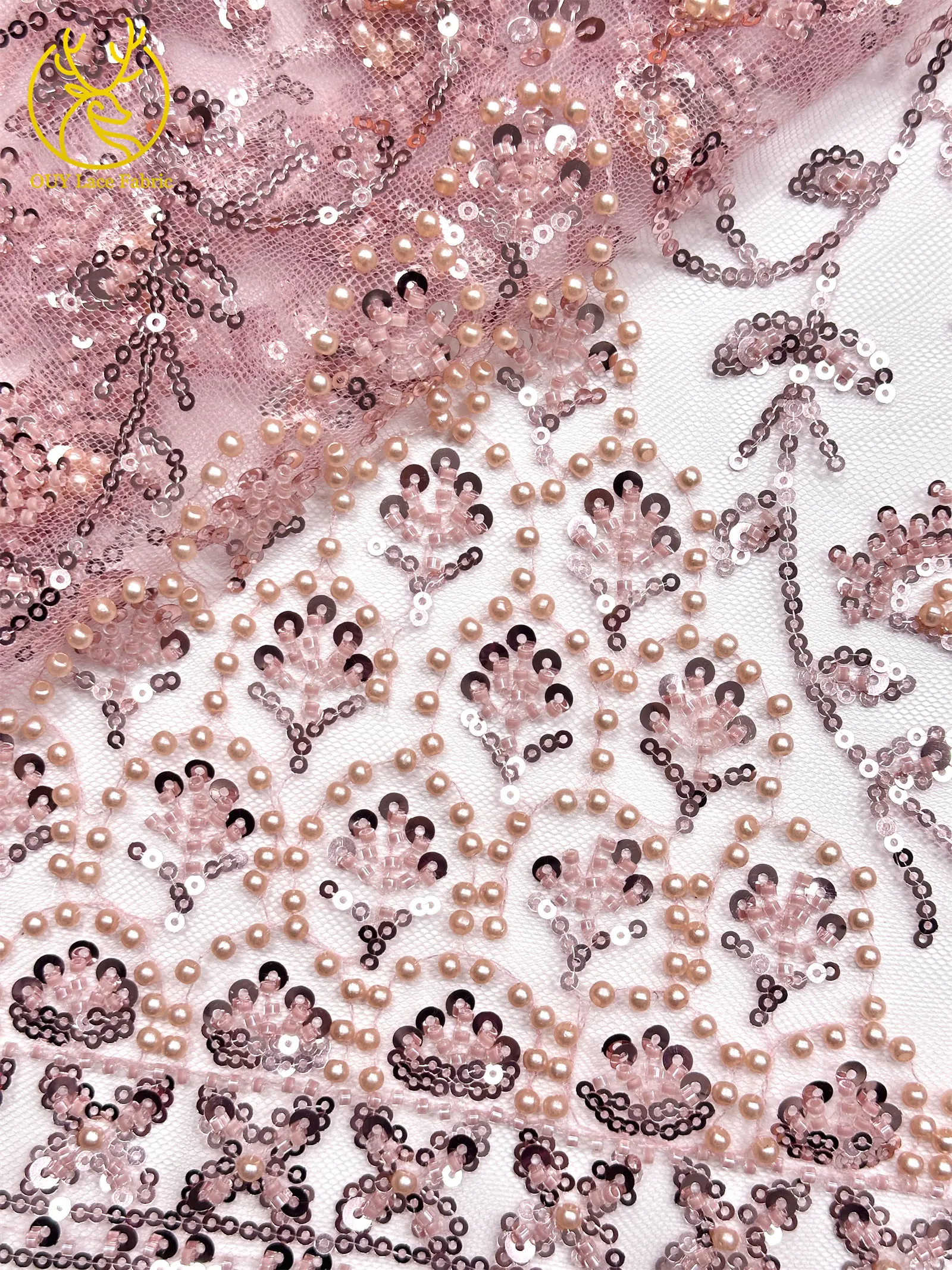 Afrikanischer Perlenstickerei-Spitzenstoff 2026 Hochwertiger Nigerianischer Pailletten-Spitzenstoff Französischer Braut-Hochzeits-Abendkleid-Nähstoff 5Y – Detail 19