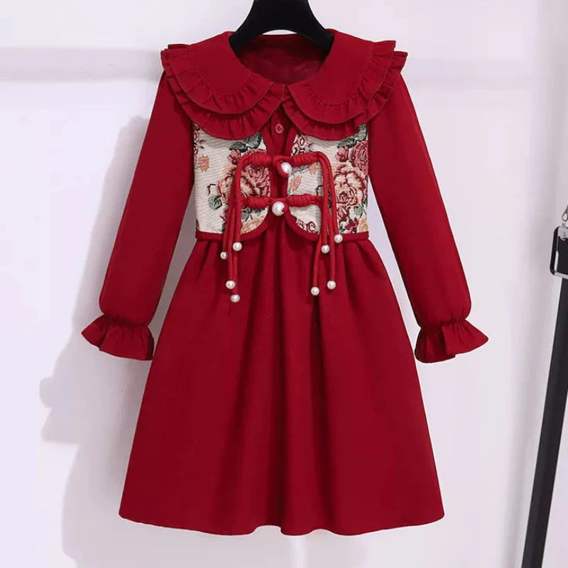 

New Year's Clothing Red Cheongsams Girls Casual Dresses Vestidos Baby Girl Dress Costume Kids Stage Robe Fille Qipao Children