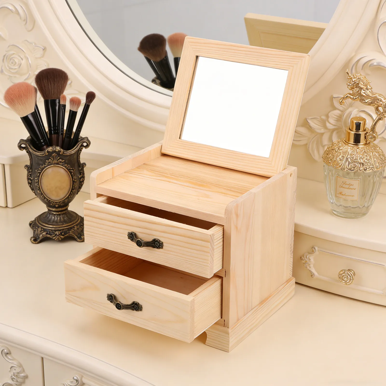 Wooden Jewelry Box Mirror 2 Tier Drawer Organizer Necklace Ring Bracelet Rustic Trinket Case for Vanity Room Dresser
