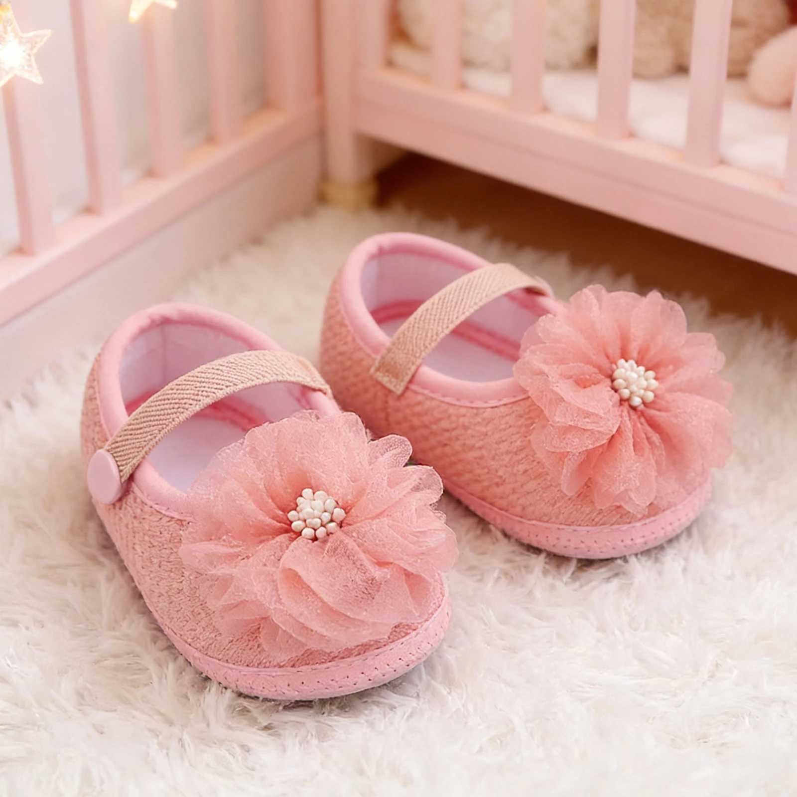

0-12M Infant Baby Girls Mary Jane Flats Cute Mesh Flower Wedding Shoes Non-Skid Newborn Crib Shoes