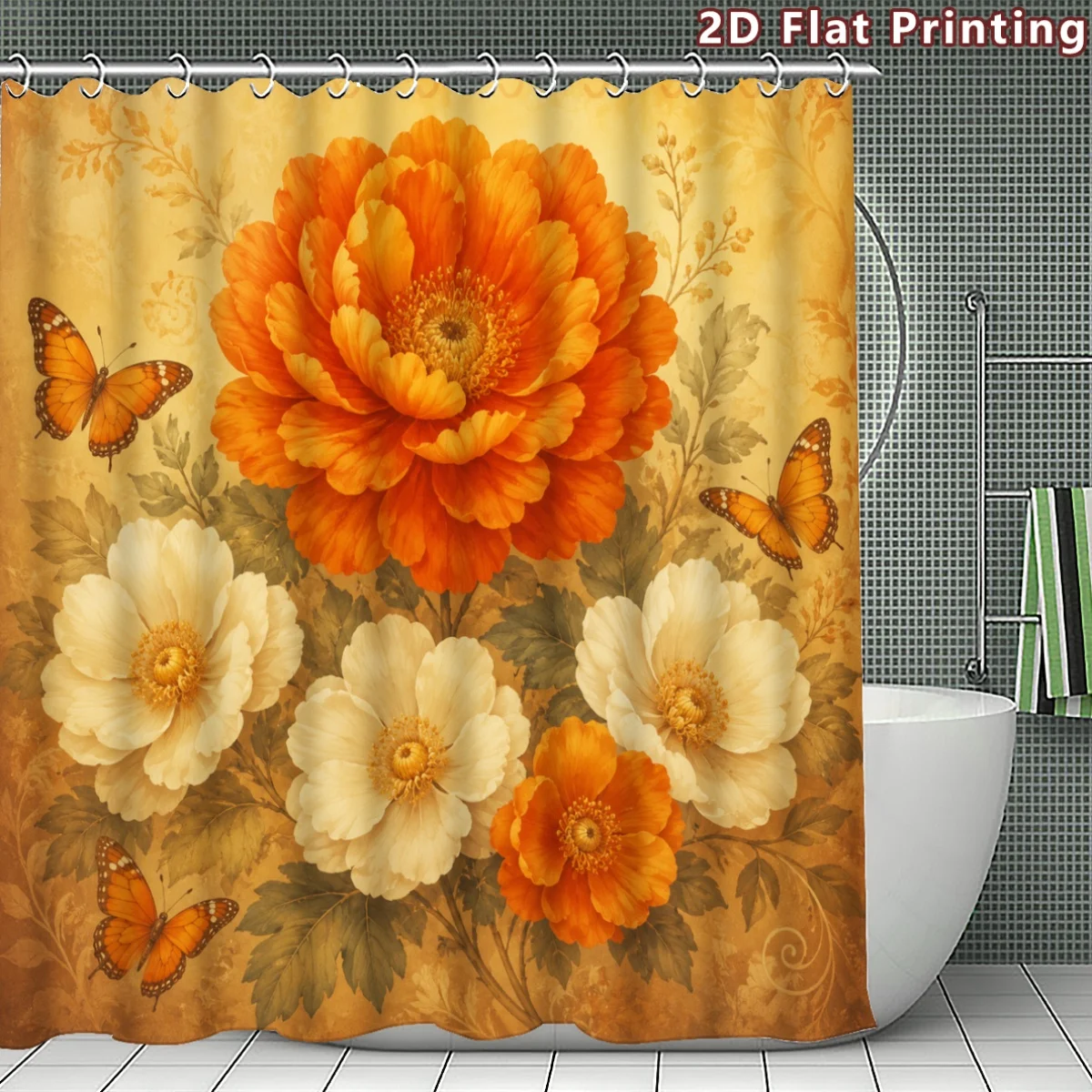 

Luxury Floral Peony Print Shower Curtain Bathroom Decor Waterproof Liner Vintage Cottagecore Style Curtain for Bathroom