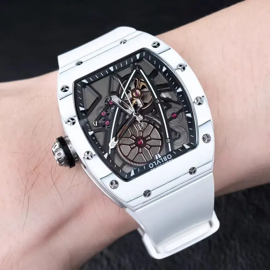 OBLVLO Men Automatic Watch 42mm Tonneau Mechanical Wristwatch Skeleton Dial Sapphire Mirror 50M Waterproof Luminous Miyota 82S7