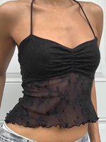 Y2K Women Halter Crop Top Sexy See-Through Lace Floral Patchwork Backless Top Summer Cami Tank Tops for Teen Girls