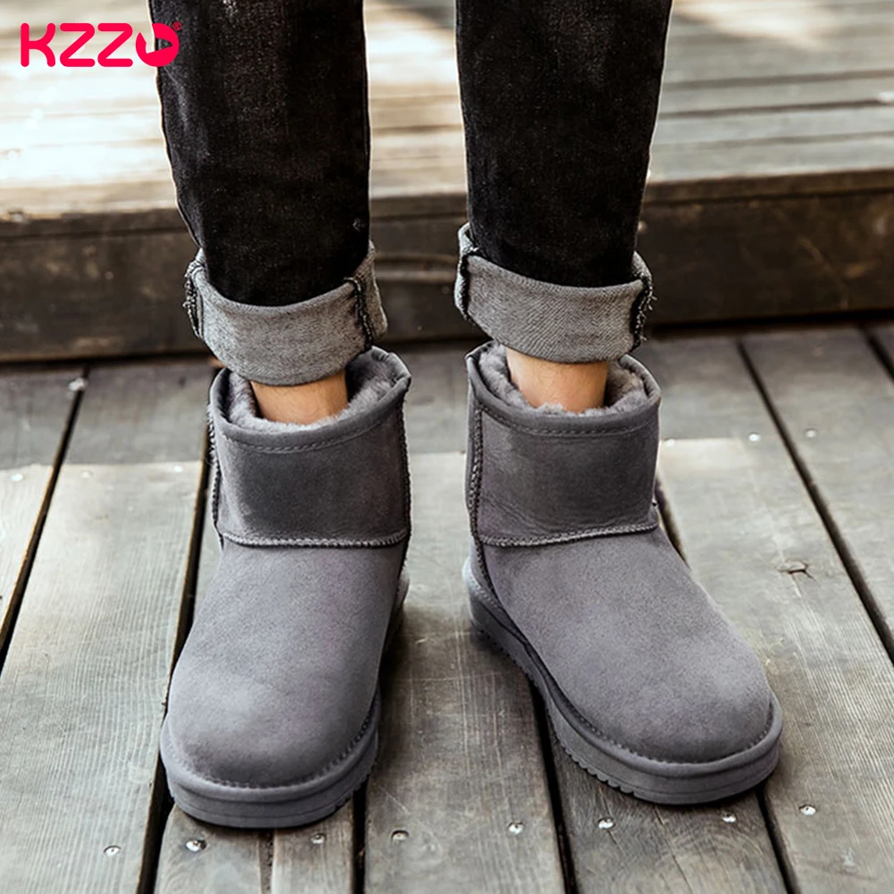 KZZO Size 37-48 Australia Classic Real Sheepskin Suede Leather Men Sheep Wool Fur Lined Winter Short Ankle Snow Boots Grey Shoes