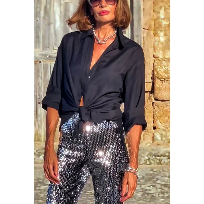 Women'S Casual High Street Korean Sequins Shiny Flare Long Pants Casual Fashion Beading Straight Wide Leg Pants Slim Fit New Y2K