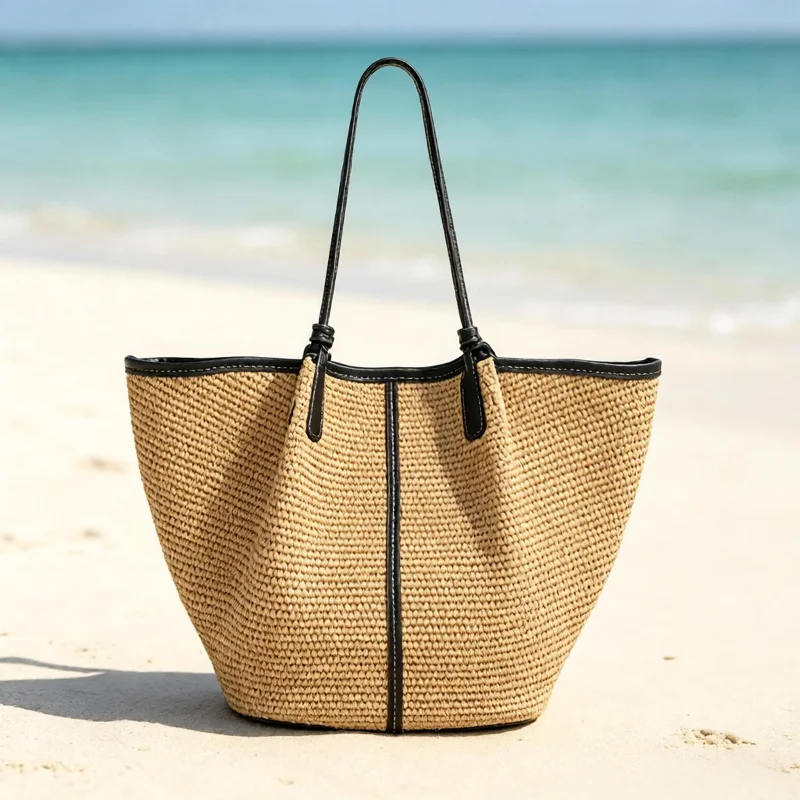 Trendy Handwoven Straw Bucket Bag Color Block Knotted Design Summer Beach Shoulder Tote Vegan Rattan Hobo Purse Vacation Handbag