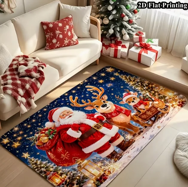 2D Flat Christmas Living Room Carpet, Christmas Gift, Santa Claus Big Reindeer Small Reindeer Sleigh Soft And Living Room Carpet