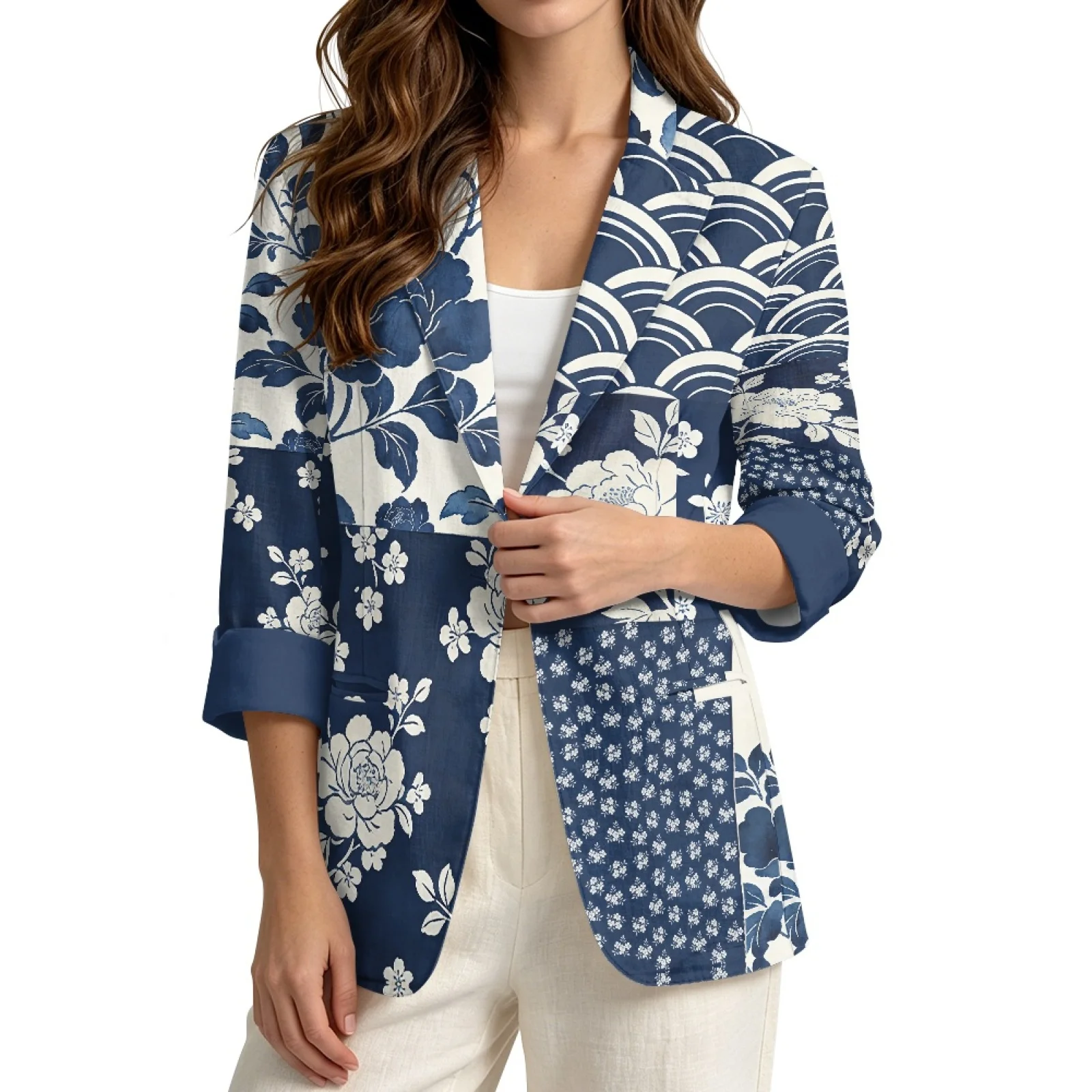 PENSTROLL Floral Patchwork Linen Like Cardigan Jackets Layering Tank Jacket for Women Loose Fit Open Front Cardigan