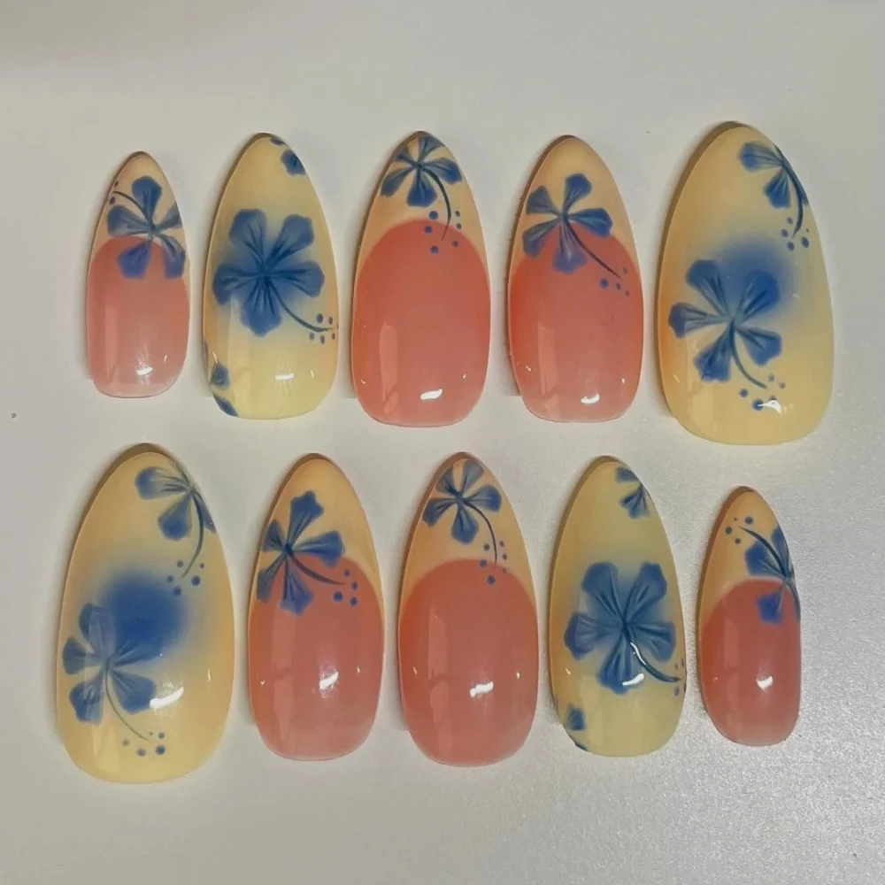 10Pcs Ręcznie robiony manicure Średnie migdałowe sztuczne paznokcie Francuski kwiat Lato Gorąca limitowana prasa na paznokcie z zestawem