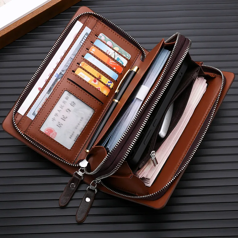 KANGAROO Brand Men Clutch Bag Fashion Leather Long Purse Double Zipper Business Wallet Black Brown Male Casual Handy Bag