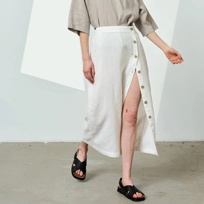 Summer Linen Cotton Side Split Skirt Women's 2026 New Chic High Waist Skirt Casual Style Elastic Waist Mid-Length Skirts