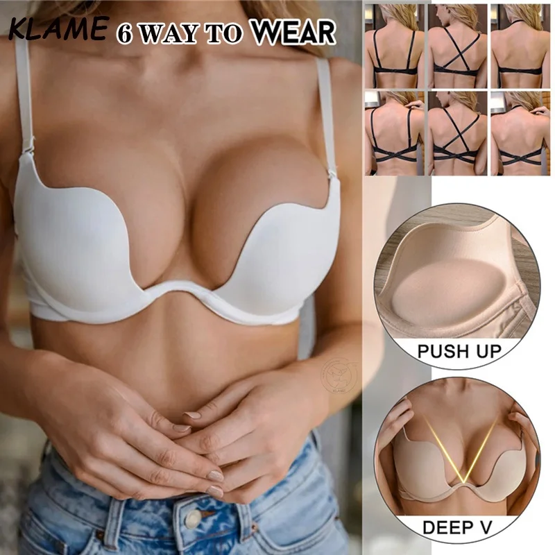 KLAME AD Cup Wired Bra Sexy Women Detachable Shoulder Strap Lingerie Backless Bras Underwear Deep U Low Cut Push Up Brassiere
