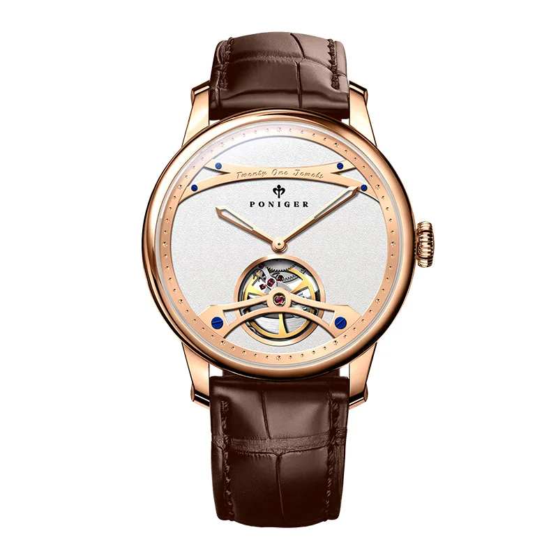 PONIGER Men Automatic Watch 41.5mm Luxury Mechanical Wristwatch Sapphire Luminous 5ATM Waterproof Skeleton Dial