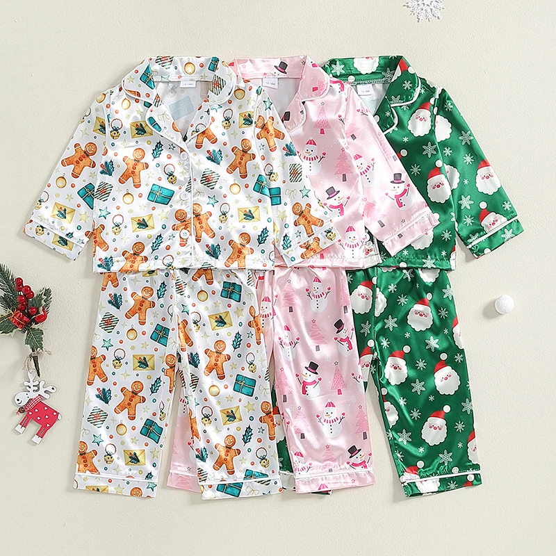 2024-06-19 Lioraitiin Kid Boy Girl Christmas Pajamas Set, Snowman Print Long Sleeve Button Down Tops Elastic Waist Pants Set