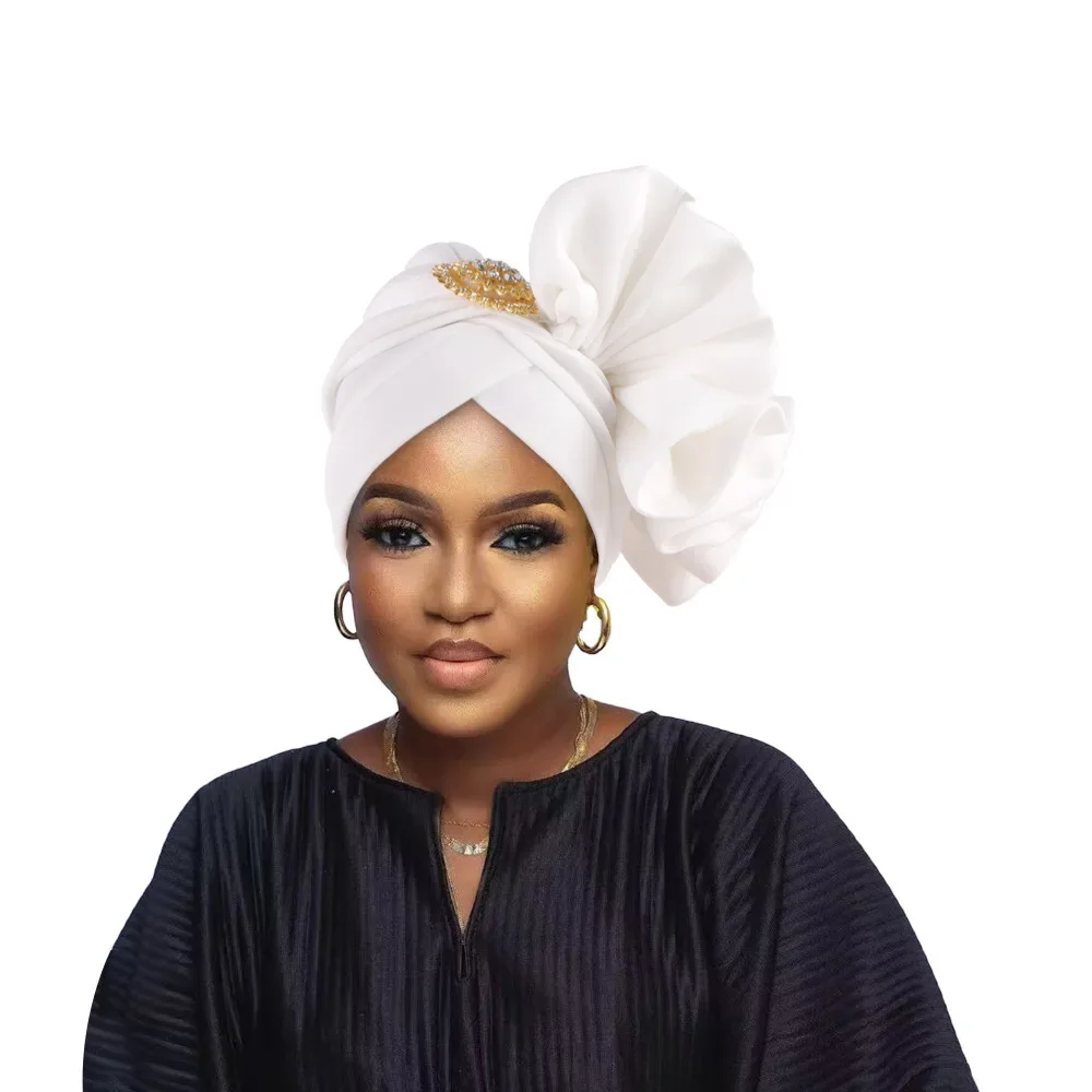 

Big Flower Turban Cap for Women Pleated Head Wraps African Auto Gele Headtie Nigeria Wedding Party Headpiece Head Ties Indian
