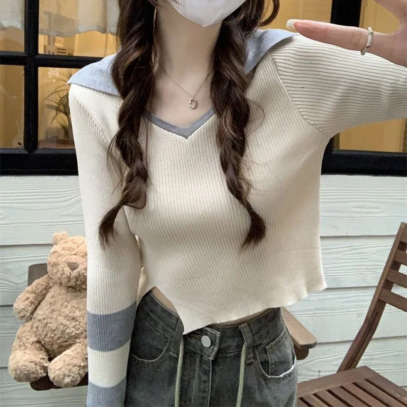 Truien Dames Slank Eenvoudig Breien Lente Ontwerp Patchwork Mode Turn-down Kraag Vrije tijd Elegant All-match Koreaanse stijl Nieuw
