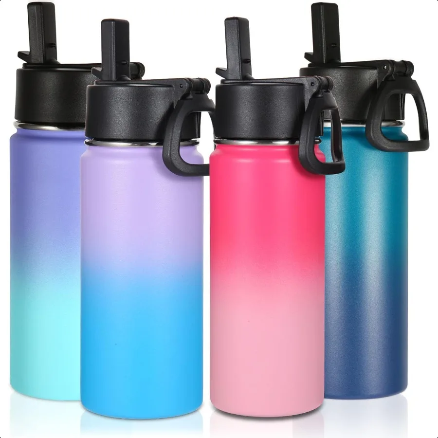 

Water Bottle 4 Pack 16 OZ Insulated Stainl Steel with Straw Lid with Handle Keep Cold Double Wall Vacuum for School Girls Assor