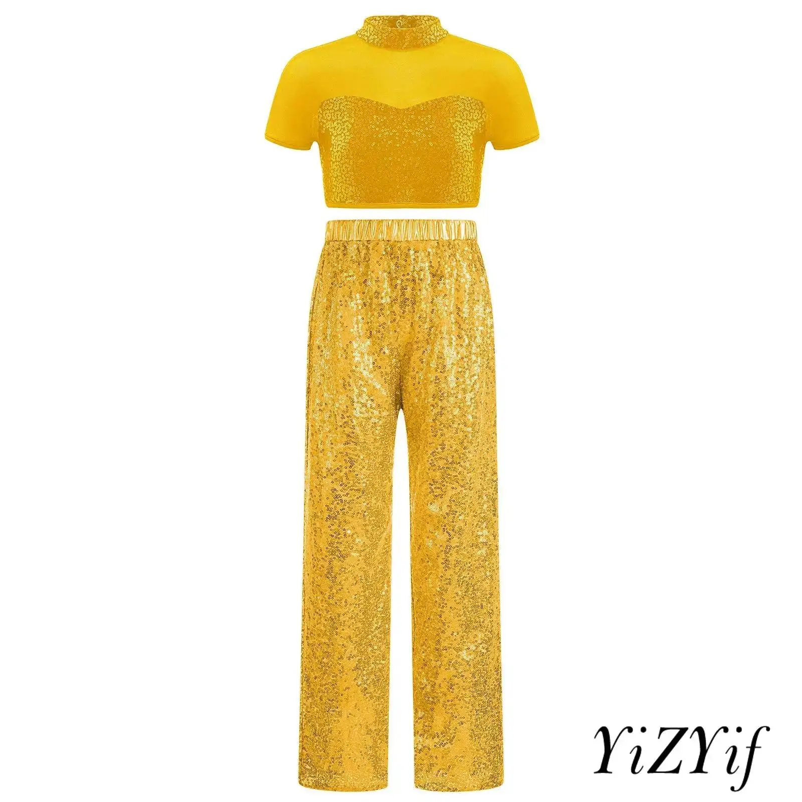 

‌Kids Girls Jazz Street Dance Costume Set Mesh Patchwork Crop Top with Stretchy Sequin Pants for Parties Shows 2-Piece Set