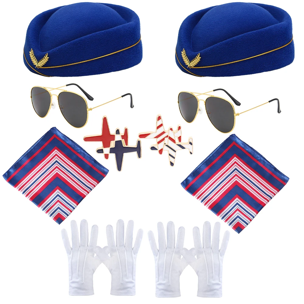 PESENAR Stewardess Costume accessories, Stewardess hats, pins, gloves, sunglasses, Neck scarf, Cosplay