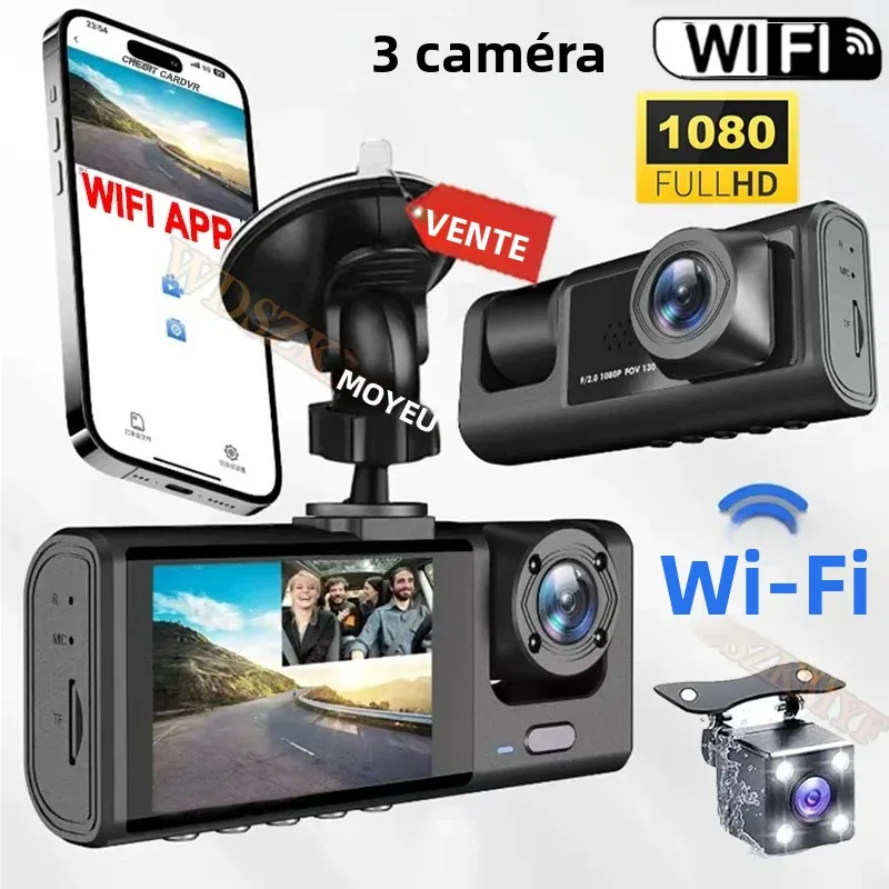 Caméra de tableau de bord pour voiture, Dvr WiFi, application 3/2 objectifs, enregistreur vidéo de véhicule, caméra avant et arrière, Vision nocturne, 1080P