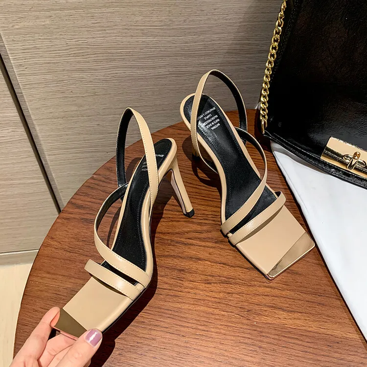 

Chic Square Toe Women Sandals Apricot Leather Narrow Band Summer Shoes Black Formal Dress Pumps Thin High Heels Lady Sandalias