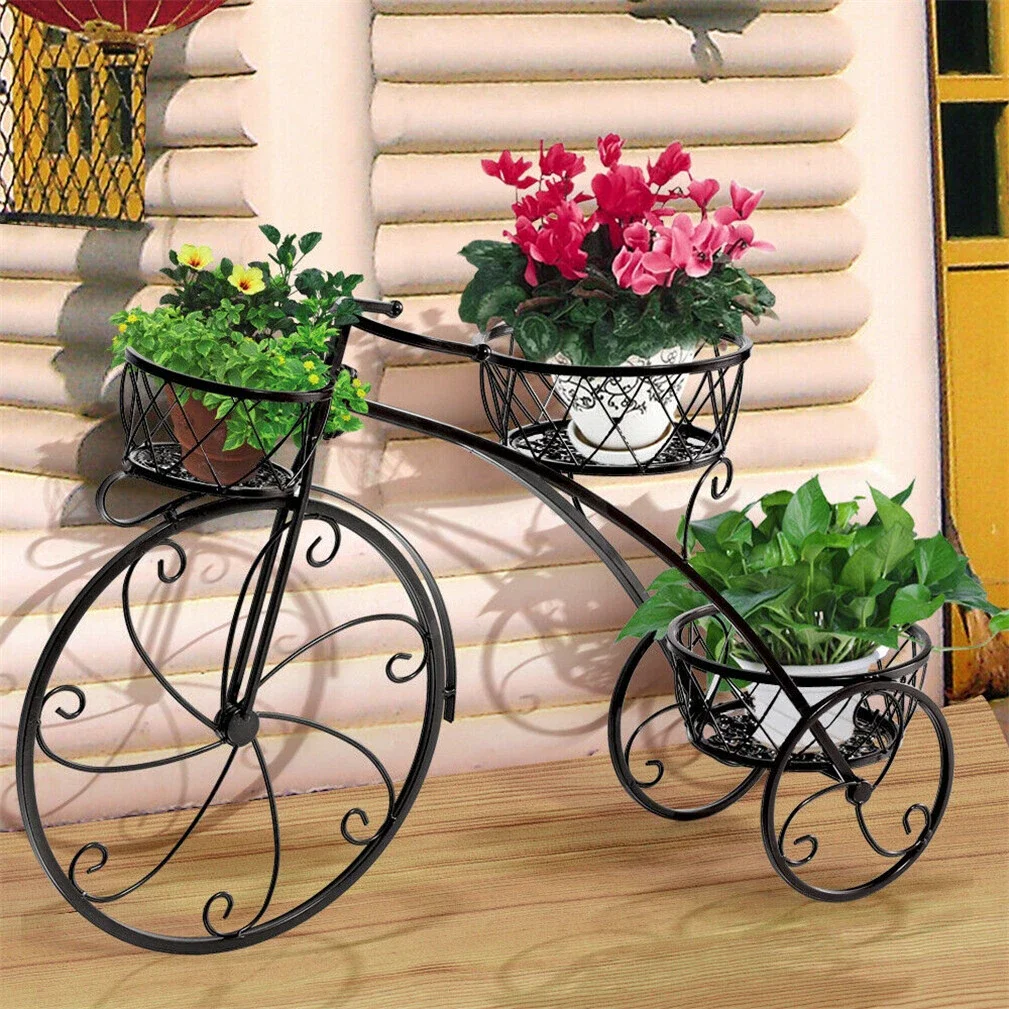 Metal Bicycle Planter, 3 Tier Tricycle Flower Plant Stand with 3 Decorative Wheels, Parisian Style Flower Display Stand Cart for Home Decor Patio Garden Flower Shop Indoor Outdoor