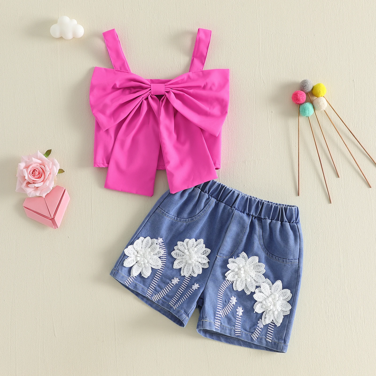 2-8Y Fashion Little Girl Shorts Set Bow Sleeveless Cami Tops Flower Denim Shorts 2 Piece Summer Kids Outfits Set