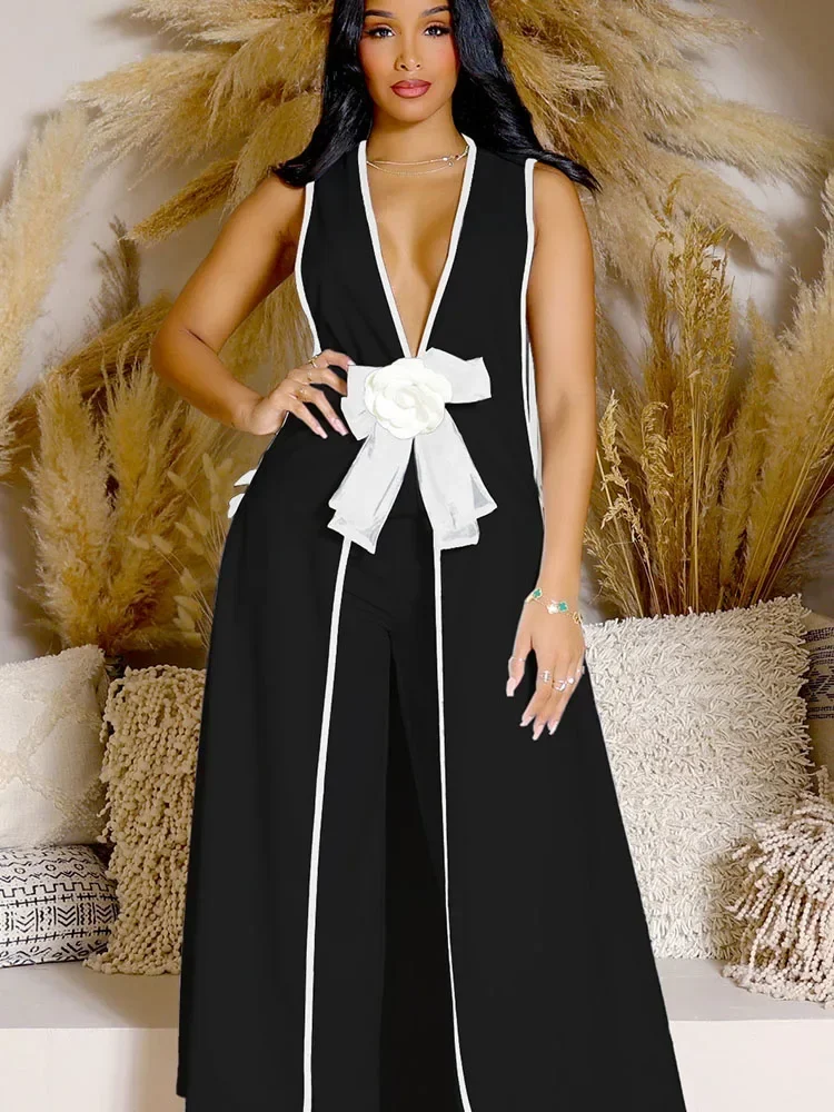 Bow Tie Appliques V-neck Sleeveless Long Top and Wide Leg Pants Matching Sets Women Two Piece Set Elegant Club Birthday Outfits