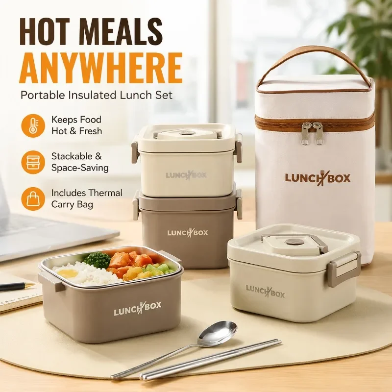 304 Stainless Steel Insulated Lunch Box with Lid, Portable Soup Bowl Reusable Meal Container for Office Workers