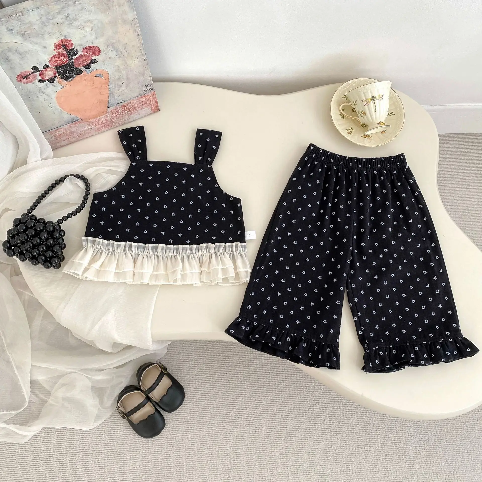 2025 Autumn New Children Sleeveless Clothes Set Girls Cute Lace Vest + Pants 2pcs Suit Flower Print Kids Toddler Cotton Outfits