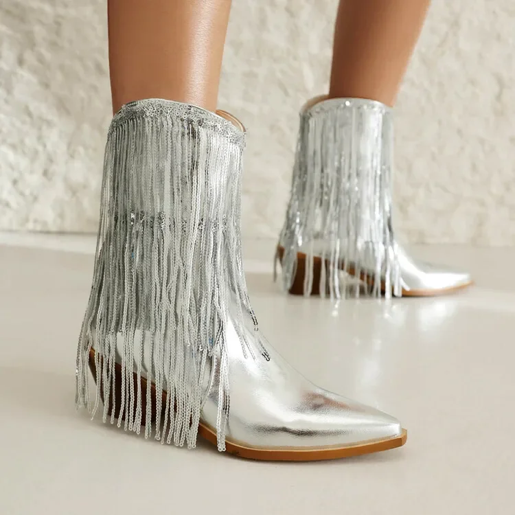 

British Gorgeous Sequined Fringed Western Cowboy Boots Retro Pointed Thick Heel Sleeve Large Size Sexy Women's Boots 35&48