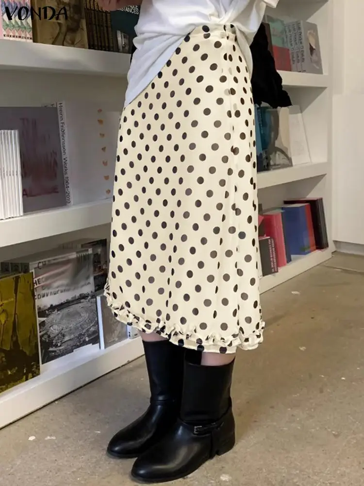 VONDA Bohemian Holiday Party Skirts Women Polka Dot Casual Jupes Faldas Saia  2025 Fashion Ruffled See-through Long Bottoms