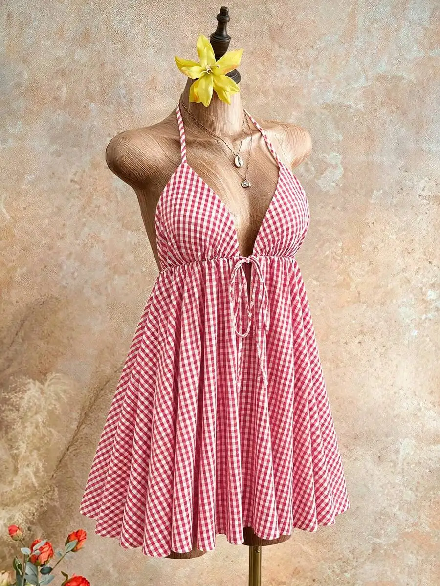 Mistrie Sexy Deep V Neck Halter Mini Dress - Flowy A-Line Beachwear For Pool Party & Resort,Halter Neck Flowy Dress For Beach
