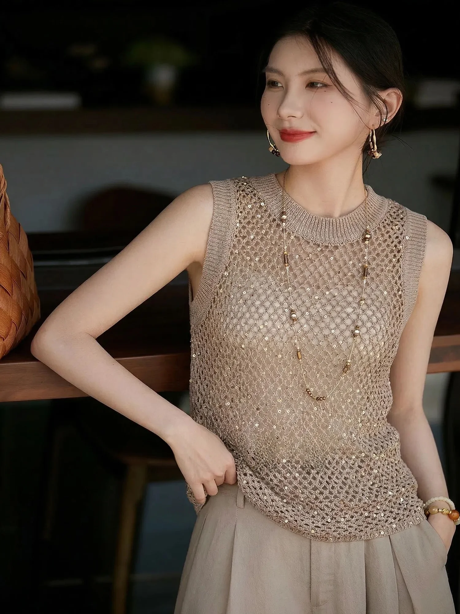 

Chivirin Linen Knitted Hollow out Sleeveless T-Shirt Women's Casual round Neck Pullover Slim Fit Loose Weave Top